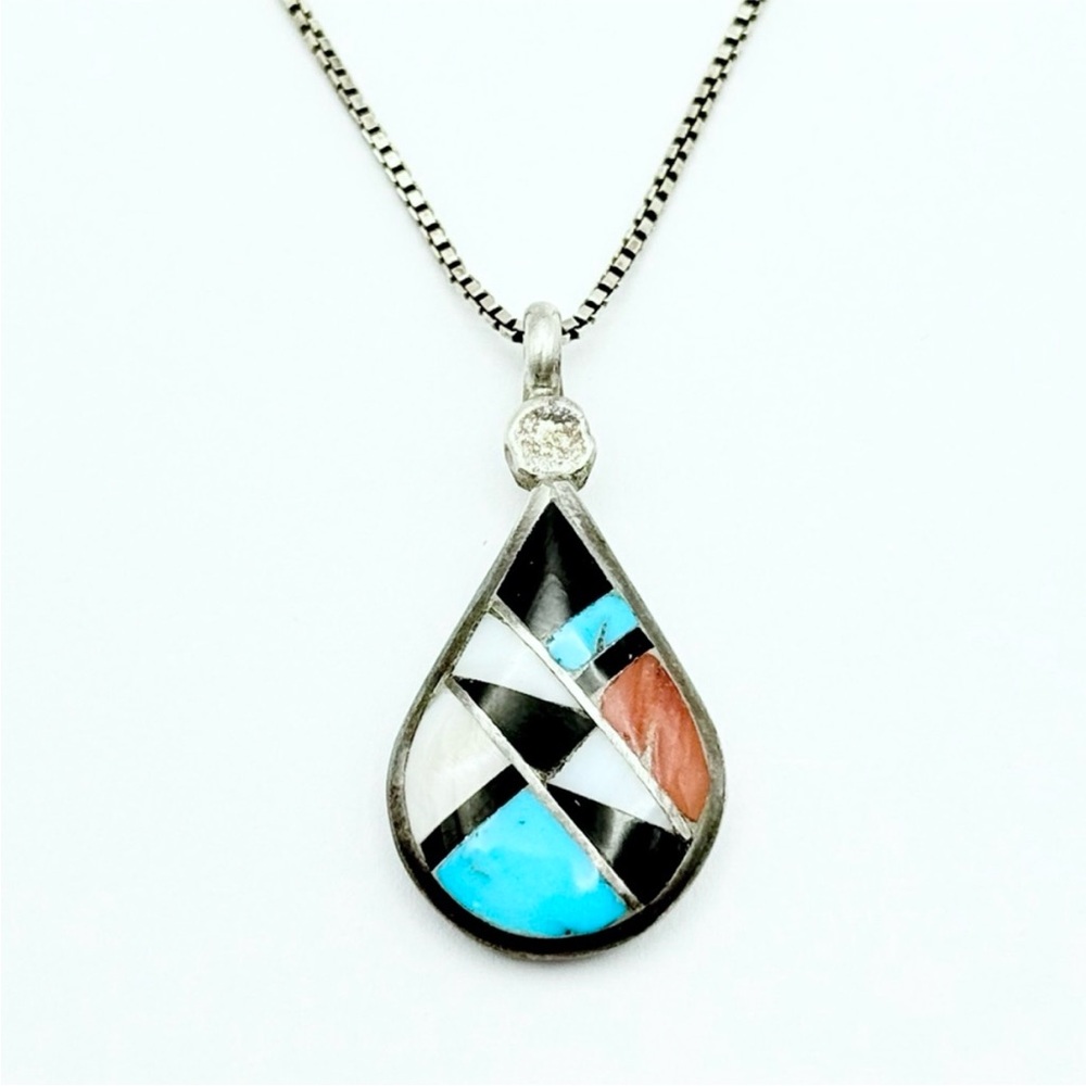 Vintage Zuni Ralph Lillie Kallestewa Inlay Sterling Silver Pendant Necklace RLK